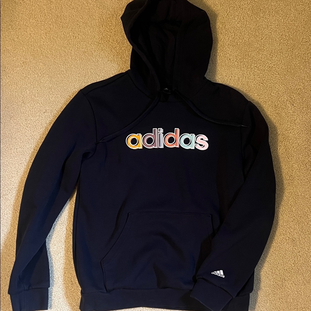 Adidas Women’s Dark Blue Hoodie with Multicolor Logo